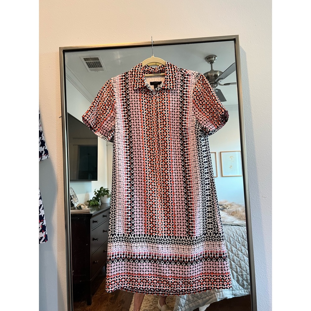 J Crew short-sleeve geo print silk shirt dress, EUC, size 2
